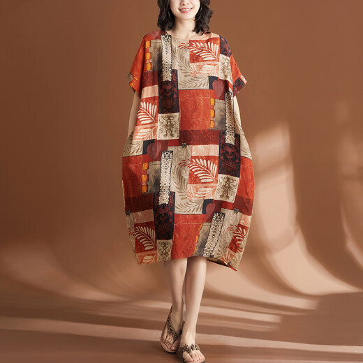 
JIANDANG (JIANDANG) large-size women's summer new fat MM retro literary and ethnic style loose slimming belly-covering dress 9207 picture color large-size average size [130-185Jin [Jin equals 0.5 kg]]