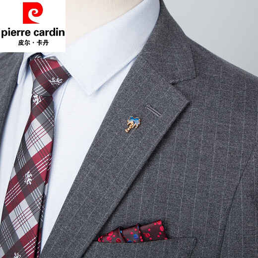 Pierre Cardin Suit Suit Men's Business Casual Professional Wear Striped Double Slit Suit Wedding Groom Dress Photography Studio Knitted Two-piece Set (suit + trousers) XL 180 135-150Jin Jin equals 0.5 kg