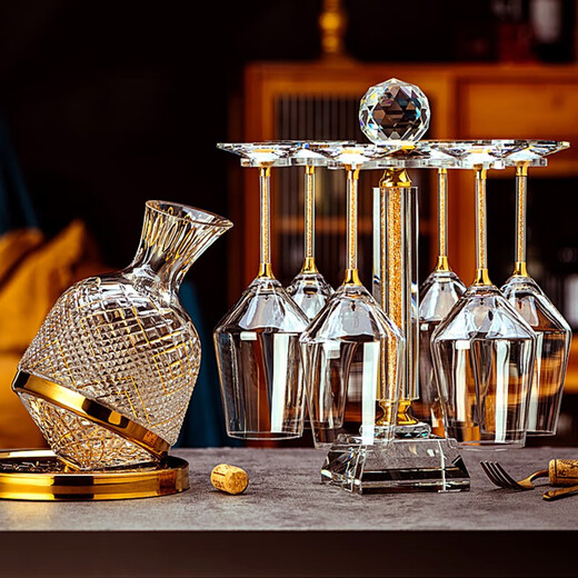 Depinte high-end red wine glass set for home use 6 creative diamond crystal glasses wine glasses decanter glass goblets gold diamond cup holder + 450X6X gold gyro decanter