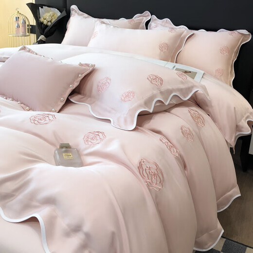 Reciting the four-piece ice silk for summer, 140 pieces of orchid filament four-piece set in summer, double-sided cool naked sleeping quilt cover ice silk, lotus root powder, 1.5 sheet four-piece quilt cover 200*230