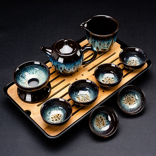 Jianzhan Kungfu tea set household kiln modified Tianmu glaze tea cup teapot tea tray ceramic Jun kiln sand gold tea set 10 heads (gold sand gold/beauty pot) + rectangular (striped) melamine/black