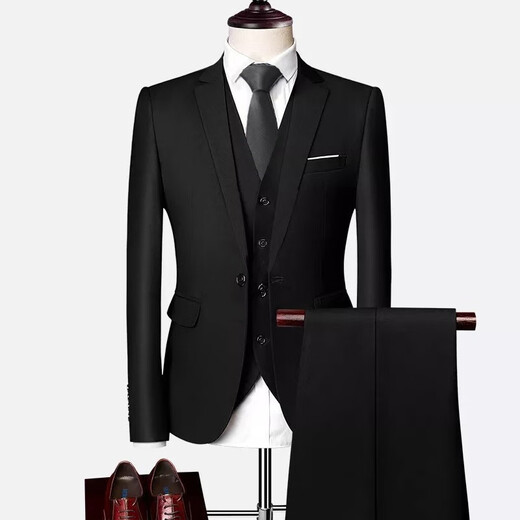 vocacool西服套装男三件套商务休闲职业正装结婚礼服大码西装学生西服外套 黑色西服外套+裤子+白衬衫+领带 L/106-119斤