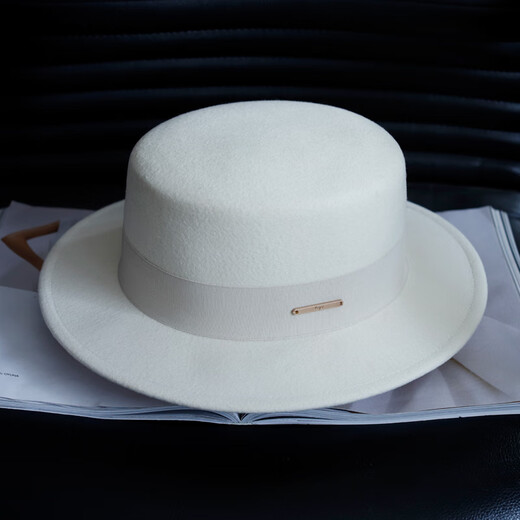 Tochino autumn and winter fashion new woolen hat for women white French large head felt hat high-end elegant flat hat camel coffee belt regular size M (55-57.5CM)