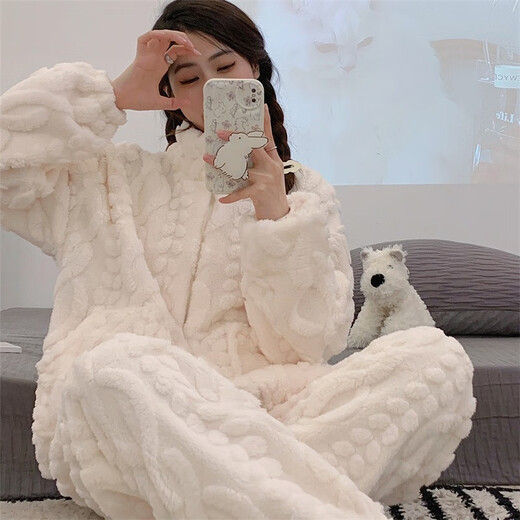加绒睡衣女秋冬保暖加厚珊瑚绒家居服开衫拉链简约纯色法兰绒套装 HS983米白提花拉链 M