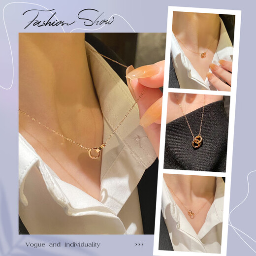 Saphire 18K gold necklace for women, interlocking double-ring rose gold colored clavicle chain for birthday gift, K yellow, about 43cm