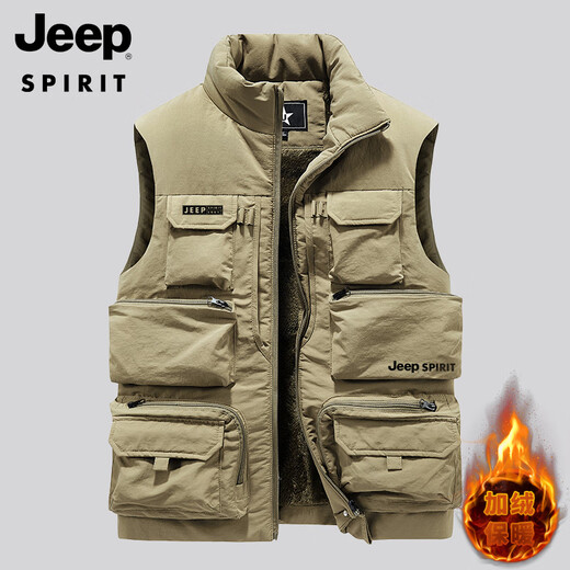 JEEP SPIRIT vest men's workwear multi-pocket fishing photography 2025 winter plus velvet thickened warm vest khaki color upgraded silver fox velvet lining 2XL 130-145Jin [Jin equals 0.5 kg]