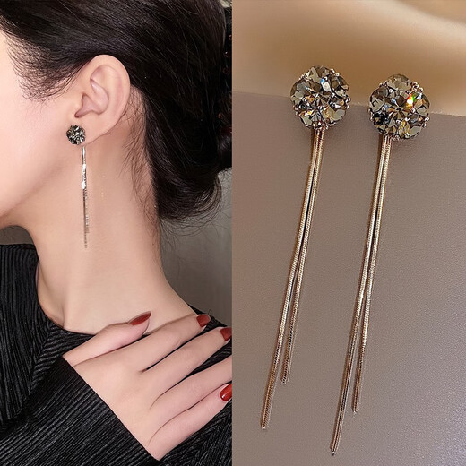 Idel's high-end gray diamond ball earrings, tassel long cold style earrings, 2025 new trendy light luxury high-end earrings, little fairy earrings E1912
