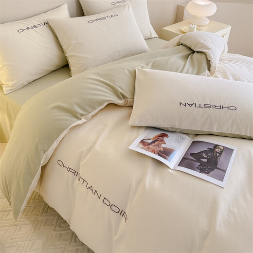 Hengyuan Home Textiles Class A 200-count long-staple cotton simple cotton brushed four-piece set 100 pure cotton bed sheet duvet cover bed sheet autumn ivory white-green bed sheet 1.5m four-piece set