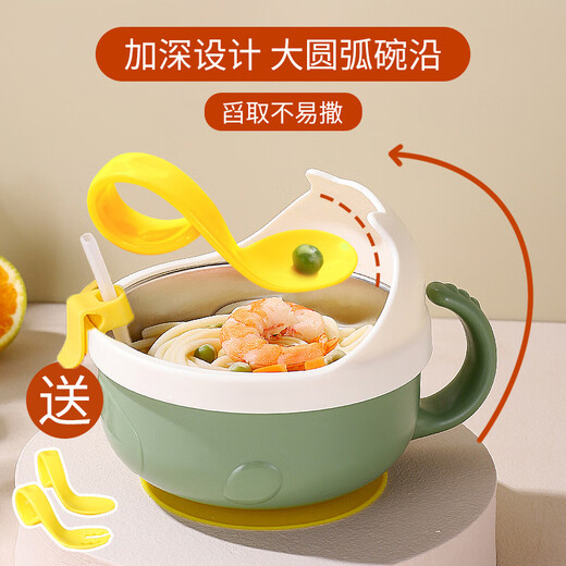 Jia Nier Baby ergänzende Lebensmittelschale 316 Edelstahl Baby essen Wasserdämmung Schüssel Kindergeschirr Löffel Anti-Fall-Saugbecher-Schüssel [gewalttätiger Orange] mit Saugbecher + Stroh + Gabellöffel