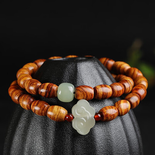 Yueyin Baichuan Huanghuali bracelet for men and women, Buddhist bead bracelet with Hetian jade auspicious cloud, good luck and good luck, about 9*7mm