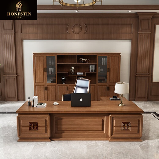 Han Feisting desk boss table solid wood office desk and chair combination executive desk new Chinese style bookcase general manager office furniture 2.0 meters boss table + side table
