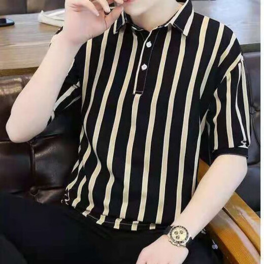 Simple direction striped short-sleeved T-shirt men with a neckline Korean version slim lapel Korean version top collar 5012 black 5002# white One size 2xl Recommended 135-150Jin [Jin equals 0.5 kg]