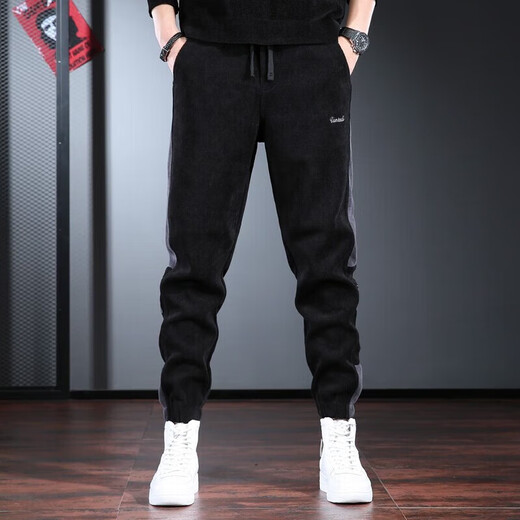 Cotton quality men's spring and autumn casual pants for men's loose large size Harren men's pants sports versatile long pants black regular S size (90-110Jin[Jin equals 0.5 kg])