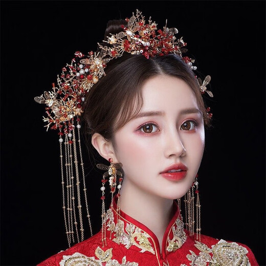 Hai Yiduo Bride Accesorios para el cabello XIUHE Temporito de la ropa Boda de boda Tassel Shaking Phoenix Crown Wedding Wedding Morning Morning Atmosférico y hermoso Modelo Tocado Traje de tocado + Ear Clip Estilo