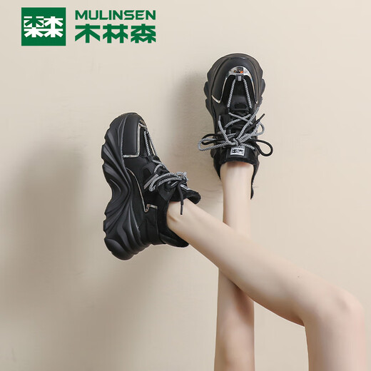 Mulinsen dad shoes for women in winter plus velvet thick sole height-enhancing women's fashionable and versatile casual shoes black 35