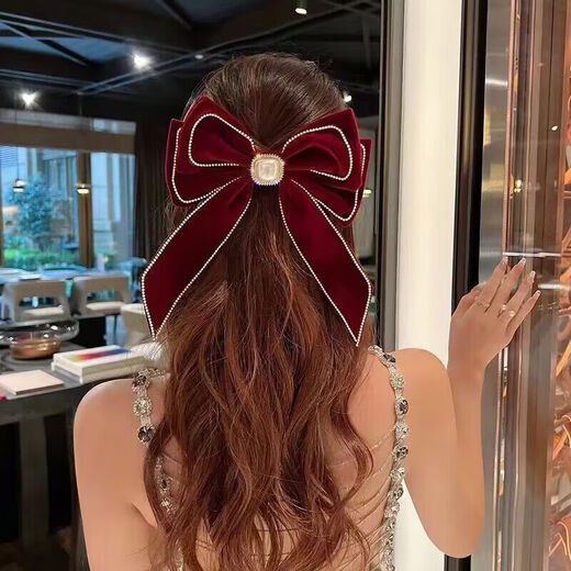 Meng Junchen Chinese style bridal toast dress wedding burgundy bow headdress velvet hairpin female festive velvet hairpin hairpin pearl long pendant velvet butterfly