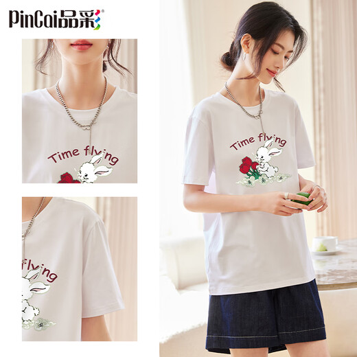 品彩（PinCai）短袖t恤女夏兔子玫瑰印花上衣圆领时尚休闲打底衫 P143T1517