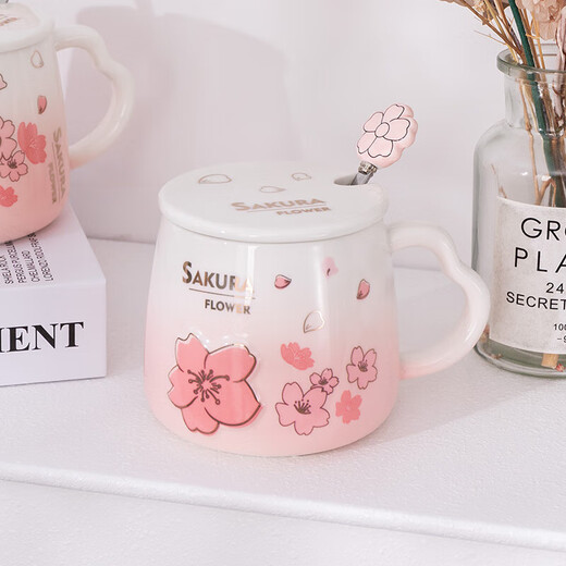 Bethes mug ceramic cup drinking cup coffee cup cherry blossom embossed tea cup with lid office home water cup