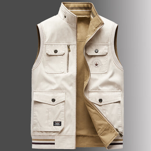 卡思威仪春秋新款双面穿马甲男工装多口袋男士宽松大码纯棉立领无袖外套男 米白色/反面卡其色 XL 【建议140斤体重左右】