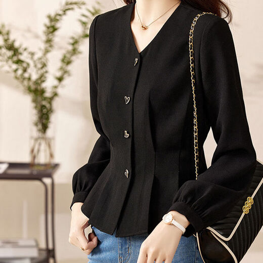 Modal V-neck black shirt women's long-sleeved 2026 spring and autumn new style chic and beautiful shirt high-end waist slimming top black L recommended 105-115 Jin Jin equals 0.5 kg