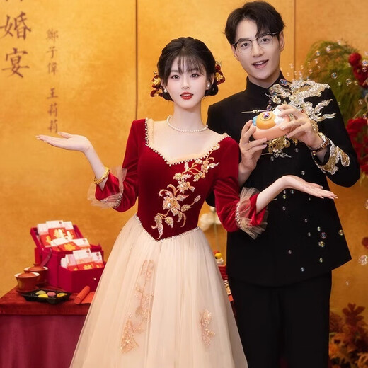 Li Baixin Toast Wear 2025 New Winter Long Sleeve Bridal Engagement Dress Burgundy Student Art Exam Fugitive Princess Dress Burgundy S