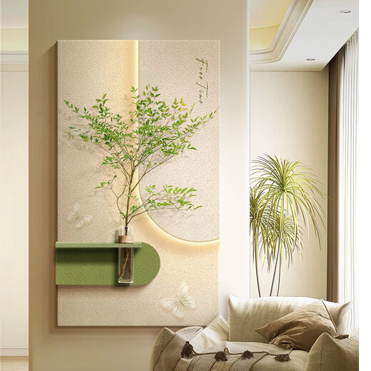 水培绿植奶油风玄关装饰画砂岩立体入户走廊过道挂画客厅墙壁灯画 40*80多层立体砂岩+玻璃花瓶+仿 14757常规款【不带灯】