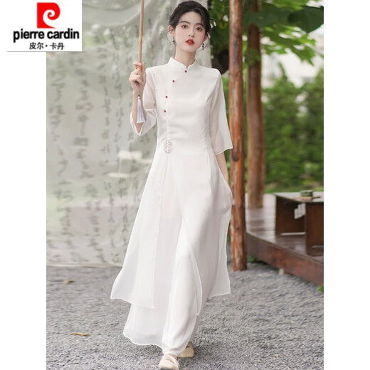 皮尔卡丹仙气汉服日常禅意茶艺师服装采耳古筝养生馆新中式旗袍连衣裙 689浅绿套装 S
