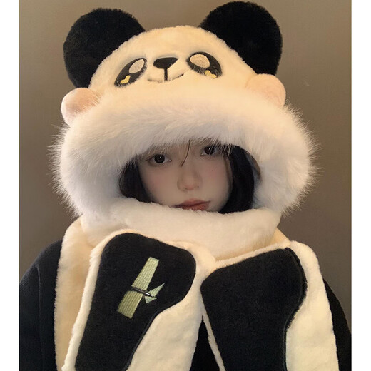 SOMUBAY Panda Plush Hat Scarf All-in-One Women's Winter Cycling Cute Thickened Warm Scarf Gloves New Year's Gift for Women Panda Three-piece Set One-size-fits-all Quality (Gift Bags Need to Contact Customer Service)