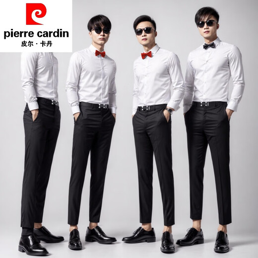 皮尔卡丹结婚礼服白衬衫伴郎兄弟团衬衣短袖西服套装男西装裤衣服长袖服装 白色 长袖衬衫  送领结 2XL 体重130-140斤