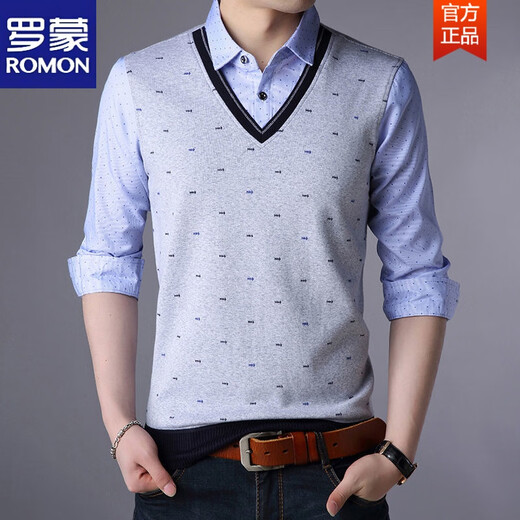 ROMON (ROMON) Spring and Autumn Fake Two-piece Shirt Collar Knit Sweater Men's Long Sleeve Double Collar Shirt T-shirt Middle-aged Men's Thin. Base Shirt 3878 Blue (Spring and Autumn) Button Cuffs Thin 2XL 180 Recommended 158-170Jin [Jin equals 0.5 kg]