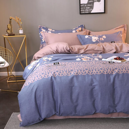 Nanjiren (NanJiren) All-Cotton Furry Four-Piece Bedding Kit Thickened Single and Double Bed High-Strength High-Dense Bed Sheet Four-Piece Cover Xinya/Fangfei Time Blue 1.8 Bed/Bed Sheet (Quilt Cover 200*230cm)