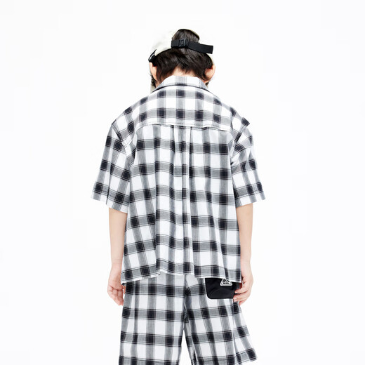 Little MO&Co. Children's summer clothes, boys' plaid short-sleeved shirts, cardigan tops, children's middle and large boys, black and white plaid 120 120/60