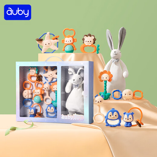 Auby infant and toddler toys teether hand rattle newborn gift box + rabbit comfort towel plush doll full moon gift