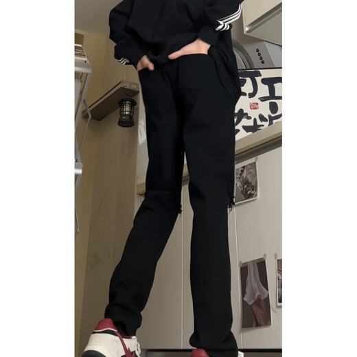 7家优品 破洞牛仔裤男士春夏季薄款美式高街微喇宽松直筒修身长裤子男 DFFS-722黑色（破洞） M