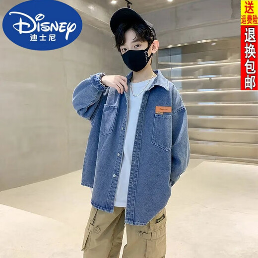 Disney Boys Denim Shirt 24 Spring and Autumn New Fashionable Medium Large Children's Top Casual Jacket Handsome Trendy Long Sleeve Blue 130
