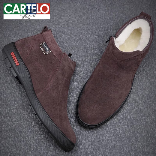 Cartelo Winter Herren-Baumwollschuhe echtes Leder und Fleece Frosted Leder High Top warme Baumwollschuhe Anti-Rutsch Reverse Fleece Cowhide Herrenschuhe Zipper Schwarz 9855 43