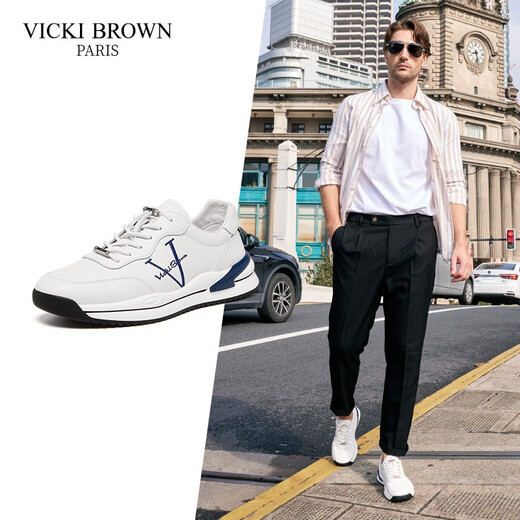 VICKI BROWN VB men's shoes French brand fashionable embroidered white shoes comfortable and versatile casual shoes men's business casual leather shoes white blue 38