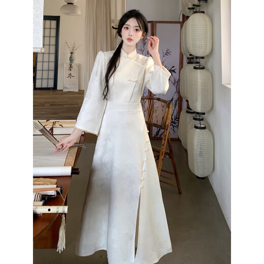 Zhi Li Guan Improved Flag New Chinese Style Light National Style Long Sleeve Dress Women's 2024 Autumn and Winter New Young Temperament Robe Daily Wear Pink Large Size XL