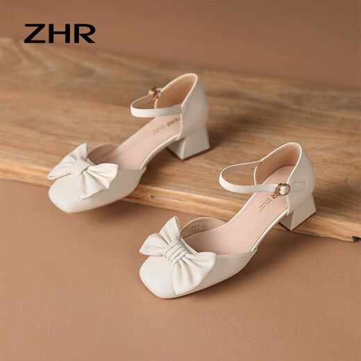 
ZHR single sandals for women with summer bow temperament thick heels for women sweet and simple commuting shoes for women Y692 beige 36