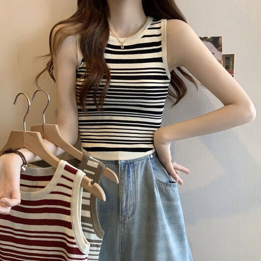 柒十念条纹针织吊带背心女夏季外穿年新款无袖修身纯欲内搭打底上衣 20155白条 均码 (70-125斤可穿)