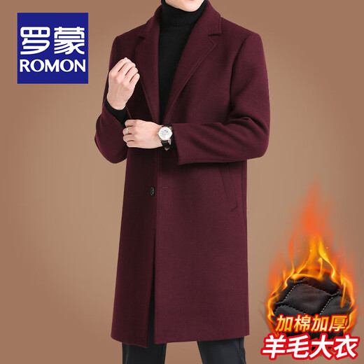 罗蒙（ROMON）绵羊毛呢大衣男士加棉加厚秋冬季中长款风衣男商务休闲呢子外套男 黑色毛呢(40%绵羊毛) L码(建议125-140斤穿)