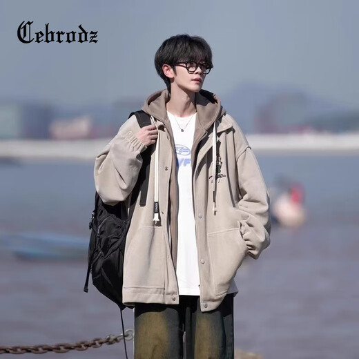 Cebrodz French jacket men's 2025 autumn and winter American fashion brand workwear large size loose casual fake two-piece hooded jacket black XL
