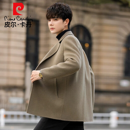 Pierre Cardin woolen woolen coat men's short spring and autumn thickened double-sided wool coat high-end British windbreaker men's green gray S 165