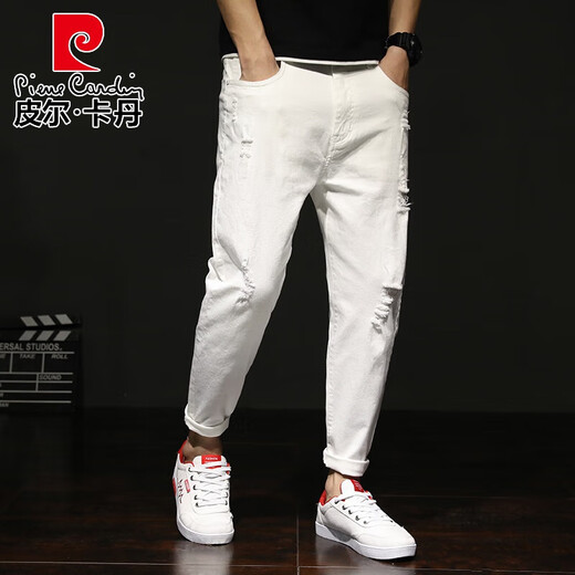 Pierre Cardin Spring Ripped Center Strick Jeans Herren Lose große weiße lässige Haremhose durcheinander trendige Füße weiß 29