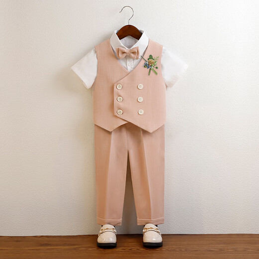 Wengeao (Wengeao) Kinderkleider Boy Host Kleidungskleidung Blumenjungenanzuganzug Anzug Set Kindertagempfänger Kostüm Prince Anzug Khaki Weste + Kurzärmele + Hosen