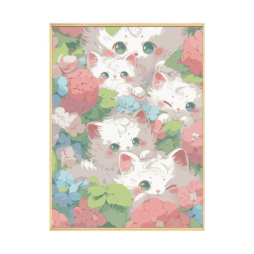 可爱猫咪数字油画diy填充涂色手工手绘系卡通丙烯油彩装饰画 qx12352 60*80cm加厚实木内框+装饰外框(