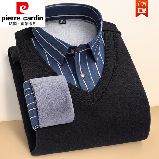 皮尔卡丹（pierre cardin）秋冬新款保暖假两件针织衬衫男长袖加绒加厚套头休闲时尚男款衬衣 6628 XXXXL