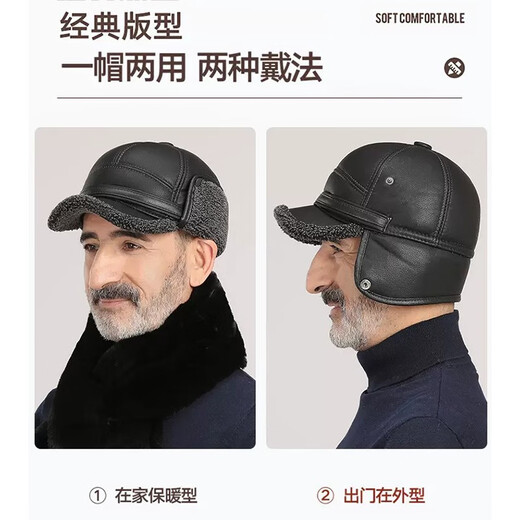 Woodpecker middle-aged and elderly hat men in winter with velvet thickened warm dad grandpa old man leather hat windproof ear protection baseball cap black [gift box] + scarf One size One size [collect and purchase priority delivery]