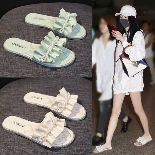 Belle Stepping Fairy Gentle Wind Pearl Rhinestone Slippers for Women in Summer 2025 New Fashion Outdoor Fashion Flat-Soled Flip-Soled Sneakers On White 37