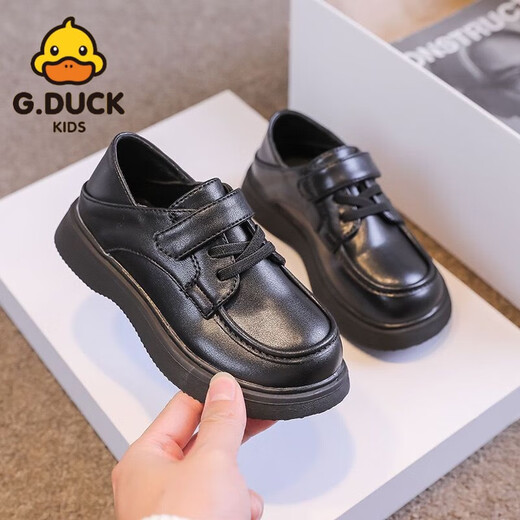 G.duck Little Yellow Duck Children's Leather Shoes Spring and Autumn Retro College Style Elementary School Performance Shoes Doudou British Style Boys' Leather Shoes Black-Velcro Style-New in 2025 Size 31/Inner Length 19cm